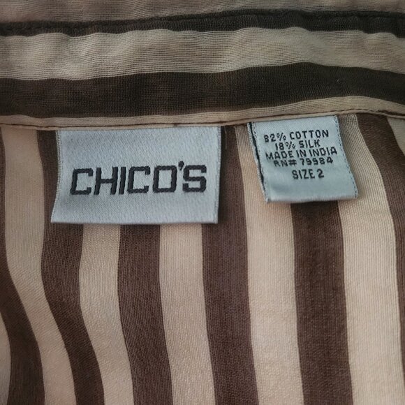 Chico’s sz 2 (L/12) Stripe Tunic Button down tan chocolate silk/cotton blend - Picture 8 of 9